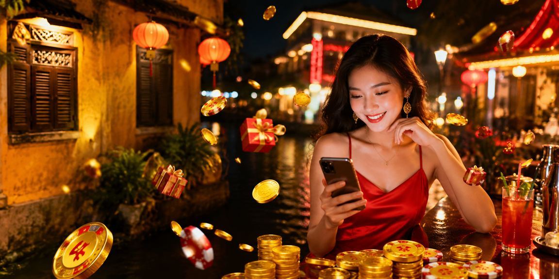 Người chơi nhận thưởng hoàn tiền trong không gian neon tại Hội An ban đêm